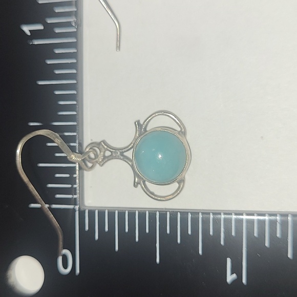Earring Sterling Silver Wire Wrapped Blue Chrysocolla Chalcedony Rounds Feminine - Picture 4 of 5